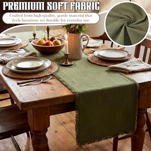 Chumia Olive Green Boho Table Runner with Tassels 12x72 Inches Farmhouse Small Macrame Woven Cotton Rustic Coffee Dresser Table Runner for Living Room Home Dining Kitchen Centerpiece Bohemian Decor