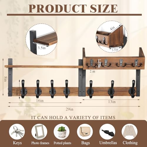 Scettar 29" Wood Coat Rack Wall Mount with Shelf, 4 in 1 Coat and Key Holder Wall Mount, Separable Entryway Wall Mounted Shelf withGreater Load-Bearing and Stability for Living Room, Bedroom, Garage
