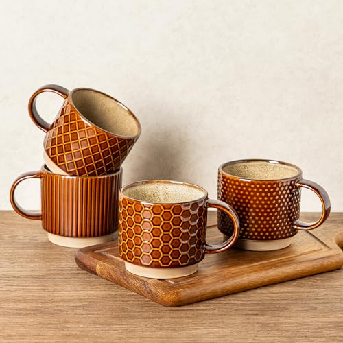 GBhome 12 OZ Stackable Coffee Mugs Set of 4, Ceramic Coffee Cups Set | 4 Assorted Designs, Embossed Mugs with Texture Patterns for Tea/Coffee, Dishwasher&Microwave Safe, Caramel - color: Caramel, size: 12 Ounces