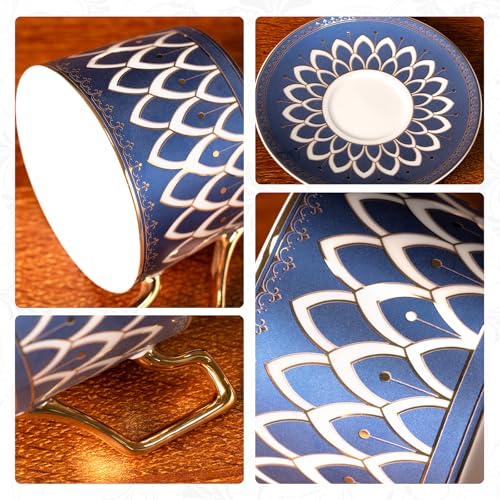 KAMMAK Tea Cups and Saucers Set of 2, Fine Bone China Coffee Cups, NX027 | Stackable Espresso Mugs, Ceramic Demitasse for Coffee, Cappuccino, Latte, Americano, Tea - size: 8CZNX027