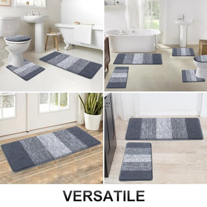 Bsmathom Bathroom Rug Set 5 Piece, Plush Microfiber Bath Mat, Dark Grey | Extra Water Absorbent, Non Slip Washable Runner Bath Rugs with Toilet Lid Cover and U-shaped Contour Toilet Mat - color: Dark Grey, size: 18"x26"+20"x31"+20"x48"+U20"x24"+Cover19"x2