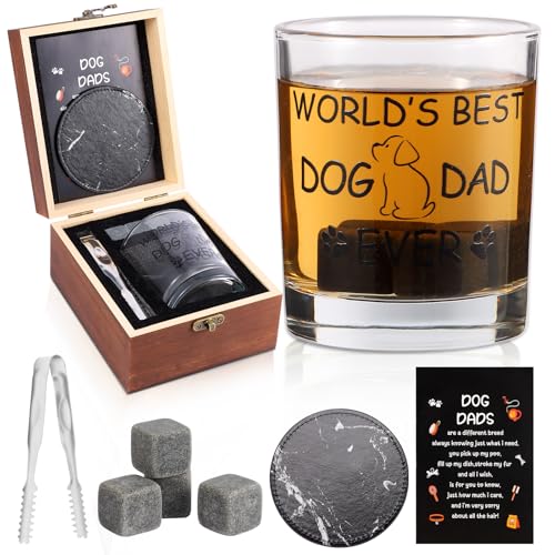 Bayelove Dog Dad Gifts, Best Gift for Dad, Gift with 12oz Whiskey Glasses, Stones, Coaster, Wooden Box for Dogfather - color: Dog Dad