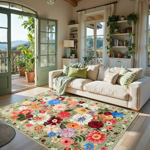 Floral Area Rug 4x6 for Bedroom Dining Room | Boho Style; Low Pile; Non Slip;Machine Washable; Ideal for Home Office Livingroom - color: Green, size: 4' x 6' (Rectangular)