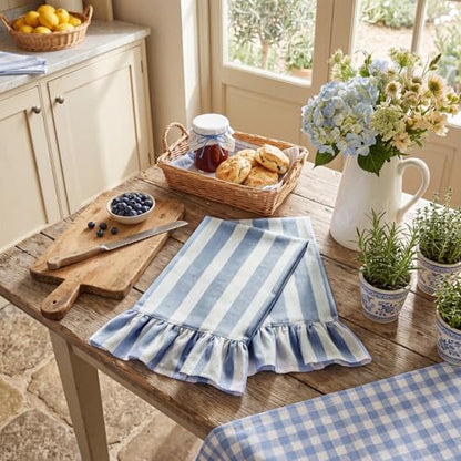 Blue Striped Kitchen Towels Set of 2, 100% Cotton Ruffled Striped Dish Towels 18"x31" Absorbent Tea Cloths Classic Pattern for Farmhouse Charm, Drying Dishes, Entertaining Guests - color: Blue