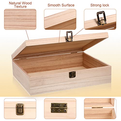 Yookeer 4 Pcs Unfinished Wooden Boxes with Hinged Lid and Front Clasp Rectangle Wood Storage Box Natural DIY Craft Stash Bins for Gift Hobbies Keepsake Home Arts 12 x 9.25 x 3.35 Inch