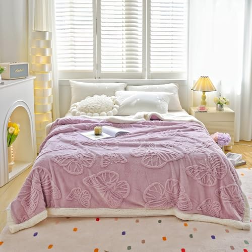 Sherpa Bed Blanket 80 × 90 inch, Ultra Soft Queen Size Throw Blanket for All Season, Cozy Plush Butterfly Fleece Blankets for Bedroom Living Room Dorm Hostel Sofa Camping, Purple - color: D-purple, size: 80x90 inch
