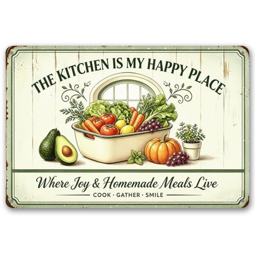 Kitchen Metal Sign, My Happy Place Vegetable Kitchen Decor, 12x8 | My Happy Place Vintage Kitchen Metal Sign, Fresh Vegetable Farmhouse Wall Art, Delightful Gift for Home Cook & Veggie Lovers - color: My Happy Place