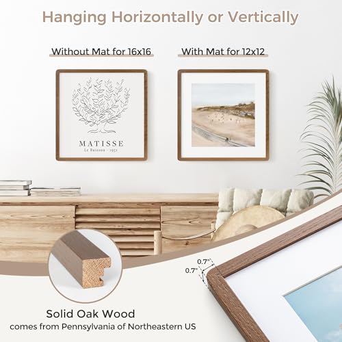 16x16 Solid Oak Wood Square Frame | Matted for 12x12 Picture | Tempered Glass and Hanging Hardware Included | Walnut (1 Pack) - color: Walnut, size: 16''x16''-1P