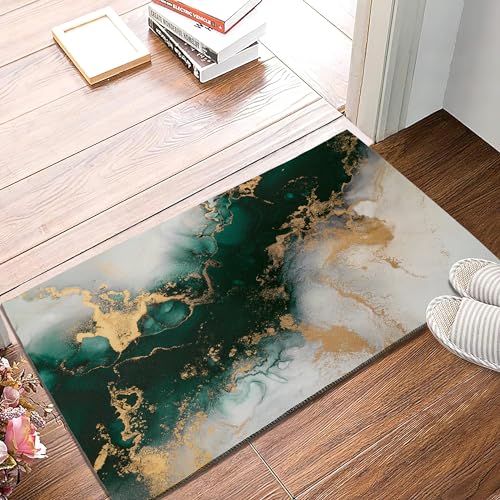 SPUNKER Abstract Art Doormat,Green Golden Marble Door Welcome Mat Vintage Rustic Yard Non Slip Seasonal Home Decoration Indoor Outdoor 17 X 30 Inch - color: Green Golden Marble
