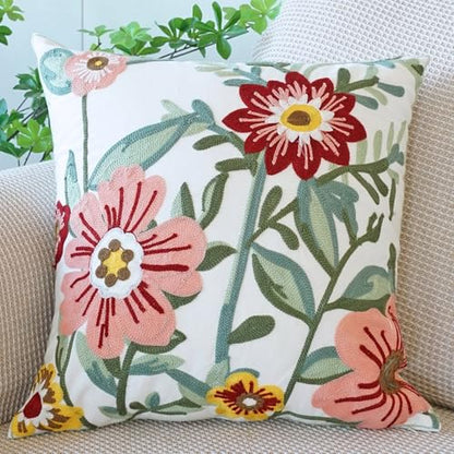 vctops Floral Embroidered Pillow Covers 18x18 Inch Spring Summer Cotton Tufted Throw Pillow Cover Outdoor Garden Cushion Case for Sofa, Bed, Living Room (Flower D,18"x18") - color: Flower D