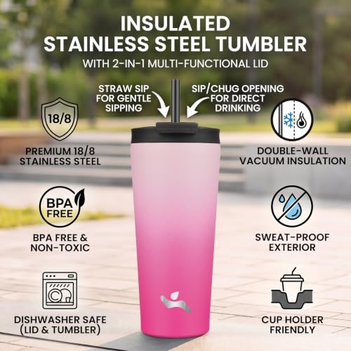 Konokyo 22 oz Insulated Tumbler Water Bottle with Straw Lid, Cherry | Stainless steel insulated tumbler for coffee, water and iced drinks; spill-proof lid, 2 straws, cup-holder friendly - color: Cherry, size: 22 Ounces