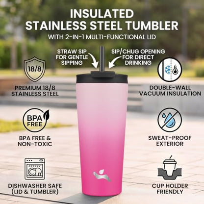 Konokyo 22 oz Insulated Tumbler Water Bottle with Straw Lid, Cherry | Stainless steel insulated tumbler for coffee, water and iced drinks; spill-proof lid, 2 straws, cup-holder friendly - color: Cherry, size: 22 Ounces