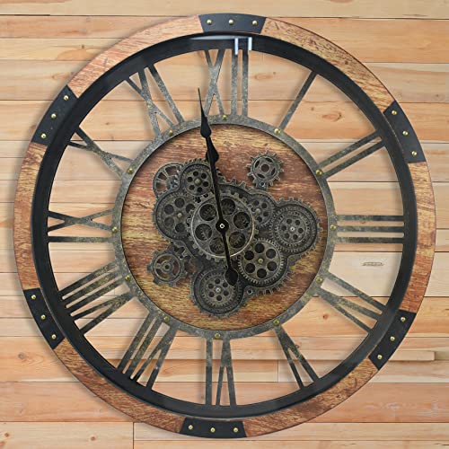30'' Large Wall Clock Real Moving Gears Oversized Industrial Solid Wood Rusic Farmhouse Clocks for Living Room Wall Decor Home Office, 30 inch 76cm, Brown and Vintage Bronze - color: Vintage Brown, size: 76cm / 30 inch