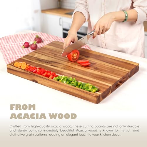 Acacia Wood Cutting Board (17x13x1.5in) and Wooden Butcher Block, Chopping Board - Reversible Multipurpose For Meat, Cheese Board, Vegetables, Bread...with Juice Groove, Cracker Holder & Inner Handles - size: 17"L x 13"W