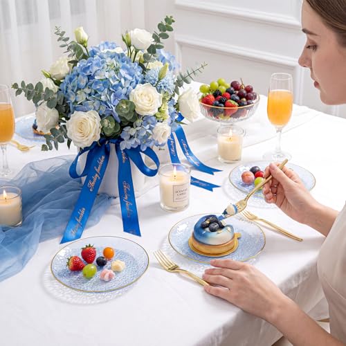 Rubtlamp 200 Pcs Blue Dessert Plates, 6 Inch Gold Rim Hammered Appetizer Plates WIth Gold Dessert Fokrs, Small Fancy Salad Plates Include 100 Cake Plate 100pcs 6inch Forks for Party Bridal Teatime - color: Blue gold