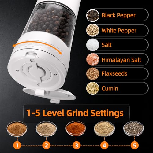 Electric Salt and Pepper Grinder, Rechargeable Automatic Pepper Mill with Base,5-Level Adjustable Coarseness, Display, LED Lighting, Large Capacity-Ideal for Kitchen, BBQ Gifts (1, White-A) - color: White-A