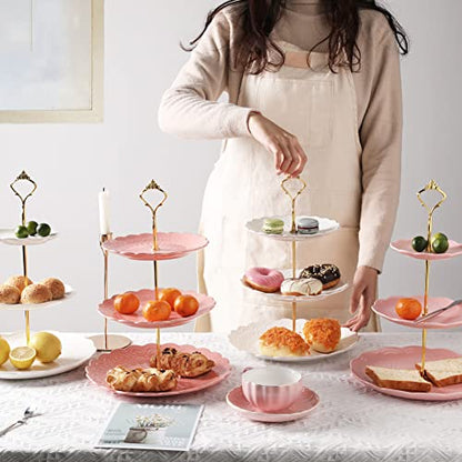 Sweejar 3 Tier Ceramic Cake Stand Wedding, Dessert Cupcake Stand for Tea Party Serving Platter(Rose White) - color: Pure White