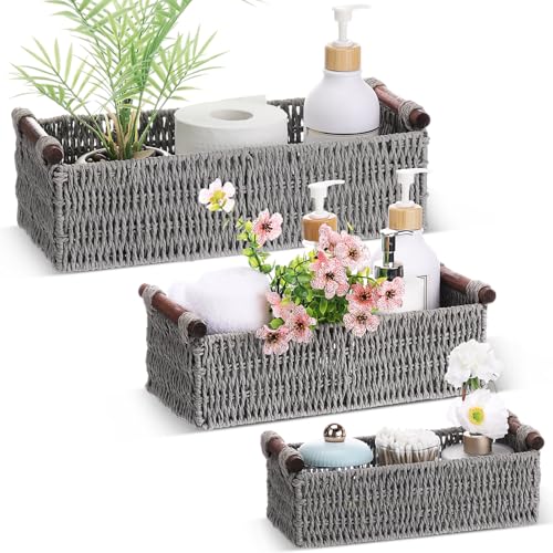 Boao 3 Pcs Boho Storage Wicker Baskets Handmade Woven Decorative Paper Rope Baskets for Organizing with Handle Countertop Toilet Paper Storage Container for Toilet Tank Top(Grey,Rectangle) - color: Grey, style: Rectangle