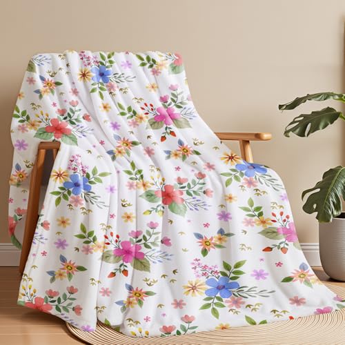 Wajade Floral Throw Blanket Birthday Gift for Women Mom Girls Flowers Blanket Watercolor Flannel Blanket Wildflower Printed Throw for Couch Sofa Bed Chair 50"x60" - color: Wildflower, size: 50"x 60"