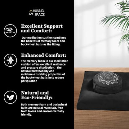 Meditation Cushion Set Zafu & Zabuton – Buckwheat Hull & Memory Foam, Adjustable Floor Pillow for Yoga, Meditation & Sitting, Removable Velvet Cover (Classic Black) - color: Classic Black