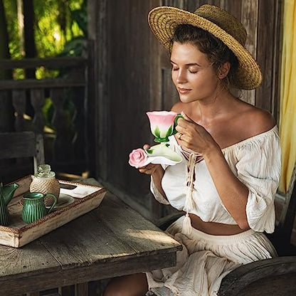 Dandat Ceramic Rose Tea Cups and Saucers with Spoon Rose Flower Shaped Cup and Sauce Set Cute 6oz Tea Cups Flower Mug Mother's Day Grauation Birthday Appreciation Teacher Gifts for Home Office Kitchen