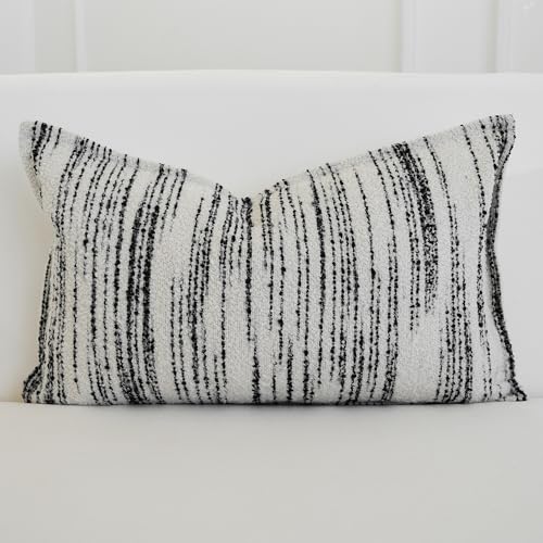 THE-TINOART White & Black Boucle Jacquard Lumbar Pillow Cover - Modern Geometric Pattern for Sofa and Bed, Luxury Woven Textured Pillow Case, 12x20 Inches - color: Black Stripe, size: 20" x 12" (Pack of 1)