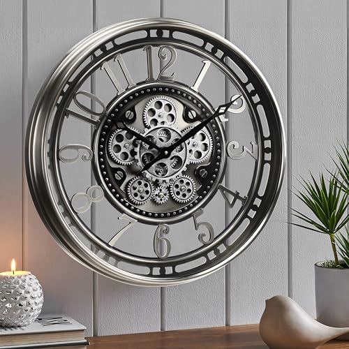 21" Large Moving Gear Wall Clock for Living Room Decor,Gunmetal | SIilent Non Ticking, Aluminum Arabic Numeral, Unique Modern Wall Clock for Dinning Room, Entryway & Home Office - color: Arabic Gunmetal, size: 21"
