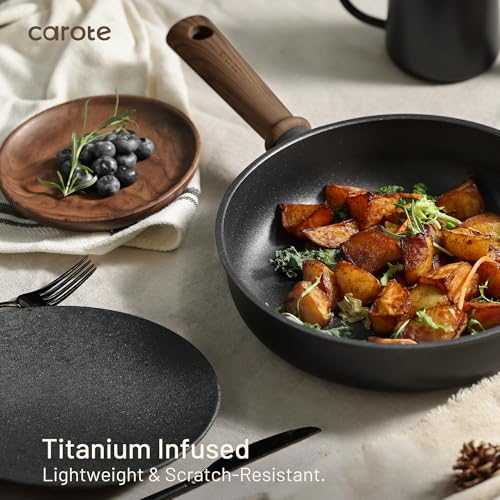 CAROTE 24pcs Nonstick Cookware Sets, Pots and Pans Set | Titanium Infused, Ultra Durable, Fast & Even Heating, Easy Clean, All-Stovetop Compatible, with 6.5-Qt Stockpot & Egg Pan - color: Black, size: 24 PCS