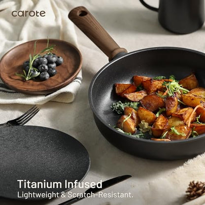 CAROTE 24pcs Nonstick Cookware Sets, Pots and Pans Set | Titanium Infused, Ultra Durable, Fast & Even Heating, Easy Clean, All-Stovetop Compatible, with 6.5-Qt Stockpot & Egg Pan - color: Black, size: 24 PCS