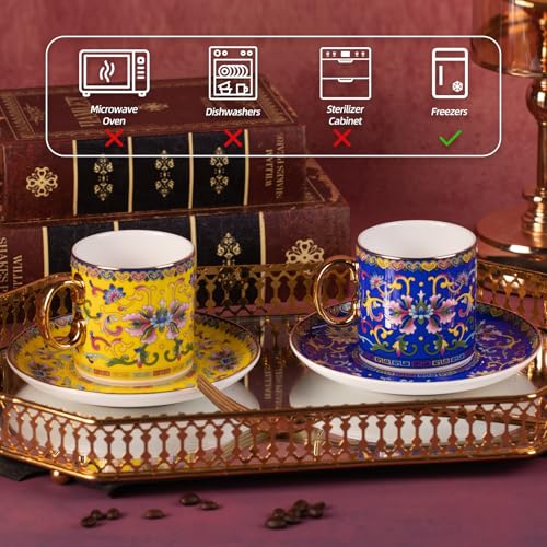KAMMAK Tea Cup and Saucer, Ceramic Coffee Cups, 7 oz, Set of 2 | Porcelain Tea Cups with Saucers for Coffee and Cappuccino, Ideal for Breakfast, Afternoon Tea and Entertaining,639N+640N - style: 639N+640N