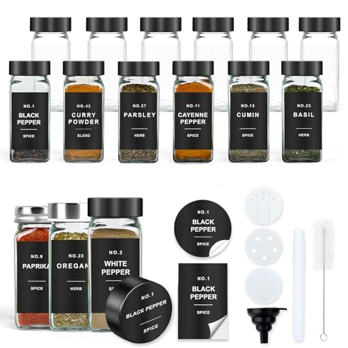 Spice Jars with Label, 12pcs 4oz Glass Spice Jars with Black Lids | Square Spice Containers with 152 Labels and Shaker Inserts, Empty Seasoning Bottles for Drawer, Cabinet, Seasoning Organizer - color: Black Lid*12 Jars