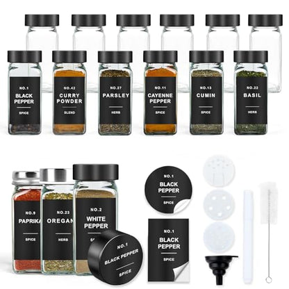 Spice Jars with Label, 12pcs 4oz Glass Spice Jars with Black Lids | Square Spice Containers with 152 Labels and Shaker Inserts, Empty Seasoning Bottles for Drawer, Cabinet, Seasoning Organizer - color: Black Lid*12 Jars