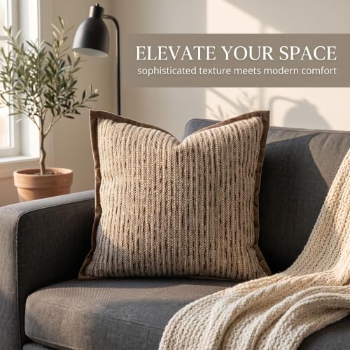 2 Pack Italian Minimalist Throw Pillow Covers, Brown Textured Chenille Boucle Decorative Cushion Cases for Couch Sofa Living Room Bedroom, 18x18 / 20x20Inches, Cover Only (A,M)