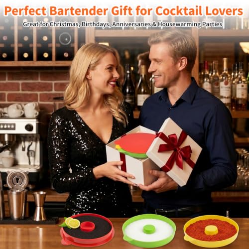 TonJin 3-Tier Margarita Salt Rimmer Set with 2 Sponges: Red Yellow Green Stackable Cocktail Glass Rimmer Holds Lime Juice Salt Sugar, Dishwasher Safe Bar Accessories for Bartenders and Home Bars - size: Stackable Salt Rimmer-RedYellowGreen