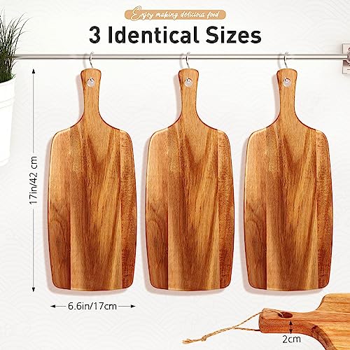 Kathfly 3 Pcs Acacia Wood Cutting Board with Handle Wooden Laser Kitchen Serving Charcuterie Board for Vegetables Meat Pizza Cheese Fruit Bread(17 x 7 Inch) - size: 17 x 7 Inch