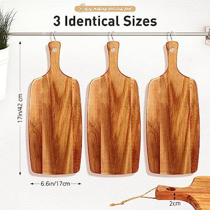 Kathfly 3 Pcs Acacia Wood Cutting Board with Handle Wooden Laser Kitchen Serving Charcuterie Board for Vegetables Meat Pizza Cheese Fruit Bread(17 x 7 Inch) - size: 17 x 7 Inch