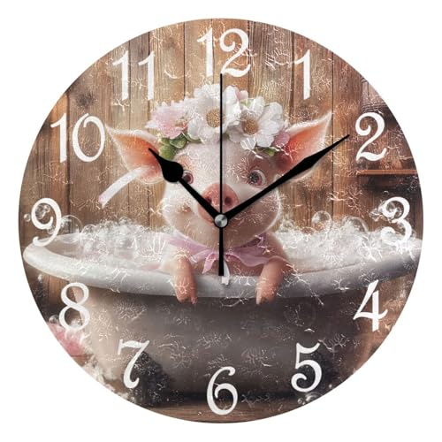 Pig Bathtub Flowers Round Wall Clock Silent Non Ticking Bathroom Clocks 10 Inch Battery Operated Clock for Kitchen Living Room Bedroom Home Decor - color: B006