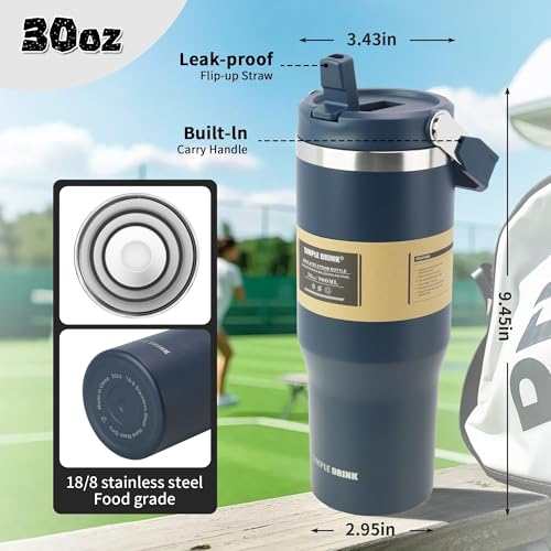 30oz Flip Straw Insulated Water Bottle with Handle, Leak Proof Stainless Steel Tumbler, Double Wall Vacuum Travel Coffee Mug for Cold Drinks, Gym Office Travel Essentials - color: Midnight Blue