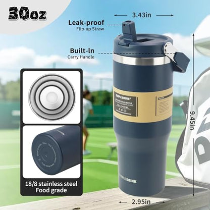 30oz Flip Straw Insulated Water Bottle with Handle, Leak Proof Stainless Steel Tumbler, Double Wall Vacuum Travel Coffee Mug for Cold Drinks, Gym Office Travel Essentials - color: Midnight Blue