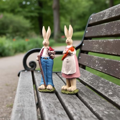 Easter Bunny Figurines Set of 2, Resin Rabbit Decor, 9.06 Inch | Resin Easter bunny decor with bird nest and carrot details for tables, shelves and spring gifts; a charming 2-piece set