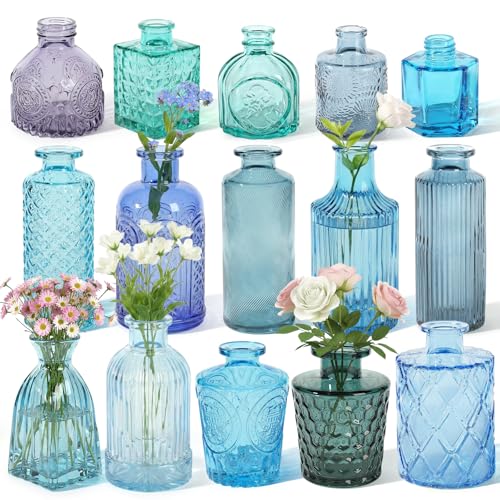 Set of 15 Blue Glass Bud Vases Small Textured Flower Vases | Retro Bulk Vases for Wedding Table Centerpieces Home Decor DIY Events Gifts - color: Blue
