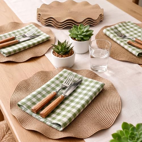 Irenare Scalloped Wedding Rattan Placemats Set of 6 Woven Round Placemat 15 Inch, Wicker Chargers Rattan Table Mat for Dining Table Cup Vase Home Holiday Birthday Party