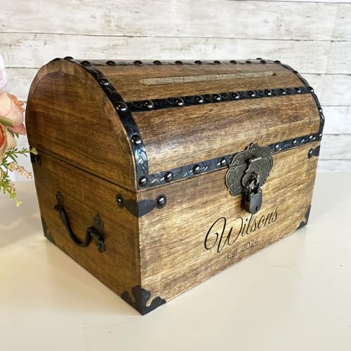 Personalized Treasure Chest with Card Slot, Antique Lock & Skeleton Keys (Medium 11x8x8) – Pirate Decor, Wooden Keepsake Box, Decorative Wooden Box for Weddings & Anniversaries - size: Medium 11x8x8