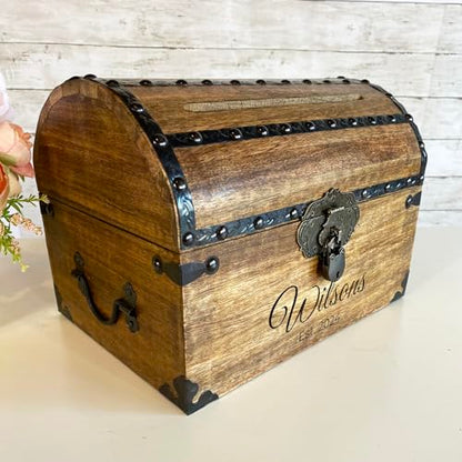 Personalized Treasure Chest with Card Slot, Antique Lock & Skeleton Keys (Medium 11x8x8) – Pirate Decor, Wooden Keepsake Box, Decorative Wooden Box for Weddings & Anniversaries - size: Medium 11x8x8