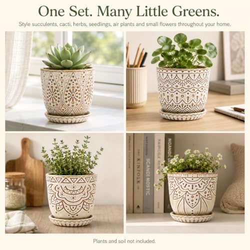 Gepege Ceramic Succulent Pots, 4 Inch Small Plant Pots with Drainage | Ceramic succulent pots with drainage holes, ceramic saucers and mesh pads, set of 4, ideal for cactus and succulents - color: Cream White, size: 4 Inch - Set of 4