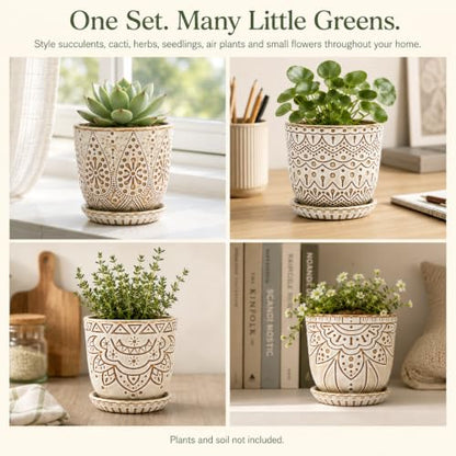 Gepege Ceramic Succulent Pots, 4 Inch Small Plant Pots with Drainage | Ceramic succulent pots with drainage holes, ceramic saucers and mesh pads, set of 4, ideal for cactus and succulents - color: Cream White, size: 4 Inch - Set of 4
