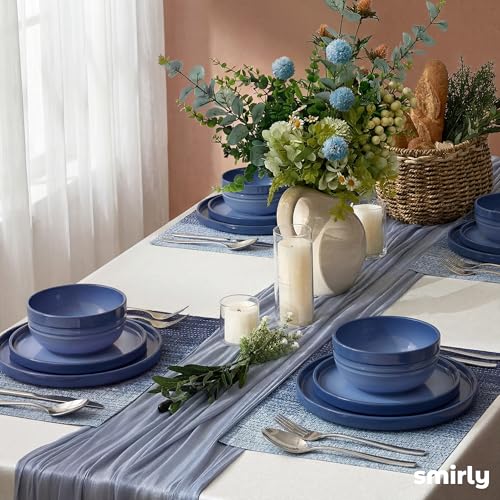 SMIRLY Stoneware Dinnerware Set for 4, 12 pcs Plates and Bowls Set, Blue | Chip and Scratch Resistant, Microwave, Dishwasher & Oven Safe, Non Toxic Plates Set, Ceramic Dish Set for Everyday Meal - color: Blue