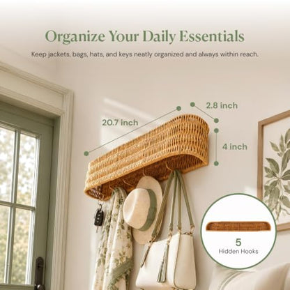 Handwoven Rattan Coat Rack Wall Mount with Shelf, 5 Hidden Hooks for Entryway, Modern Japandi Scandinavian Wall Organizer for Coats, Bags & Towels, Natural Minimalist Decor