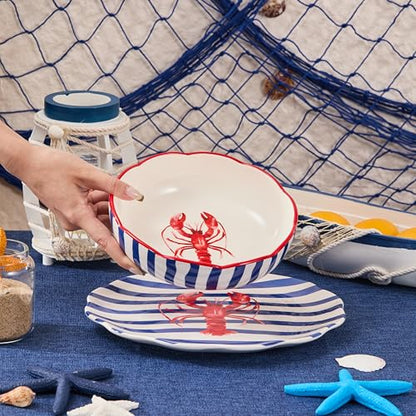 Bico Ocean Wonders Scalloped Pasta Bowls, 36oz Salad Bowl Set of 4, Large Ceramic Serving Dinner Bowls for Soup and Cereal, Microwave and Dishwasher Safe, Gift for Housewarming and Holiday - color: Ocean Creatures