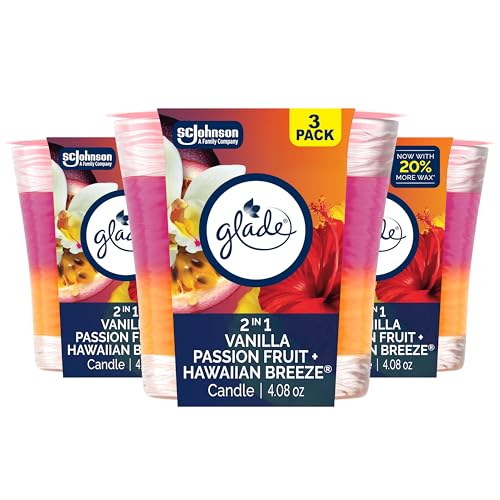 Glade 1-Wick 2in1 Scented Candle Jar, Hawaiian Breeze & Vanilla Passion Fruit, Air Freshener Infused with Essential Oils, 4.08 Oz, 3 Count